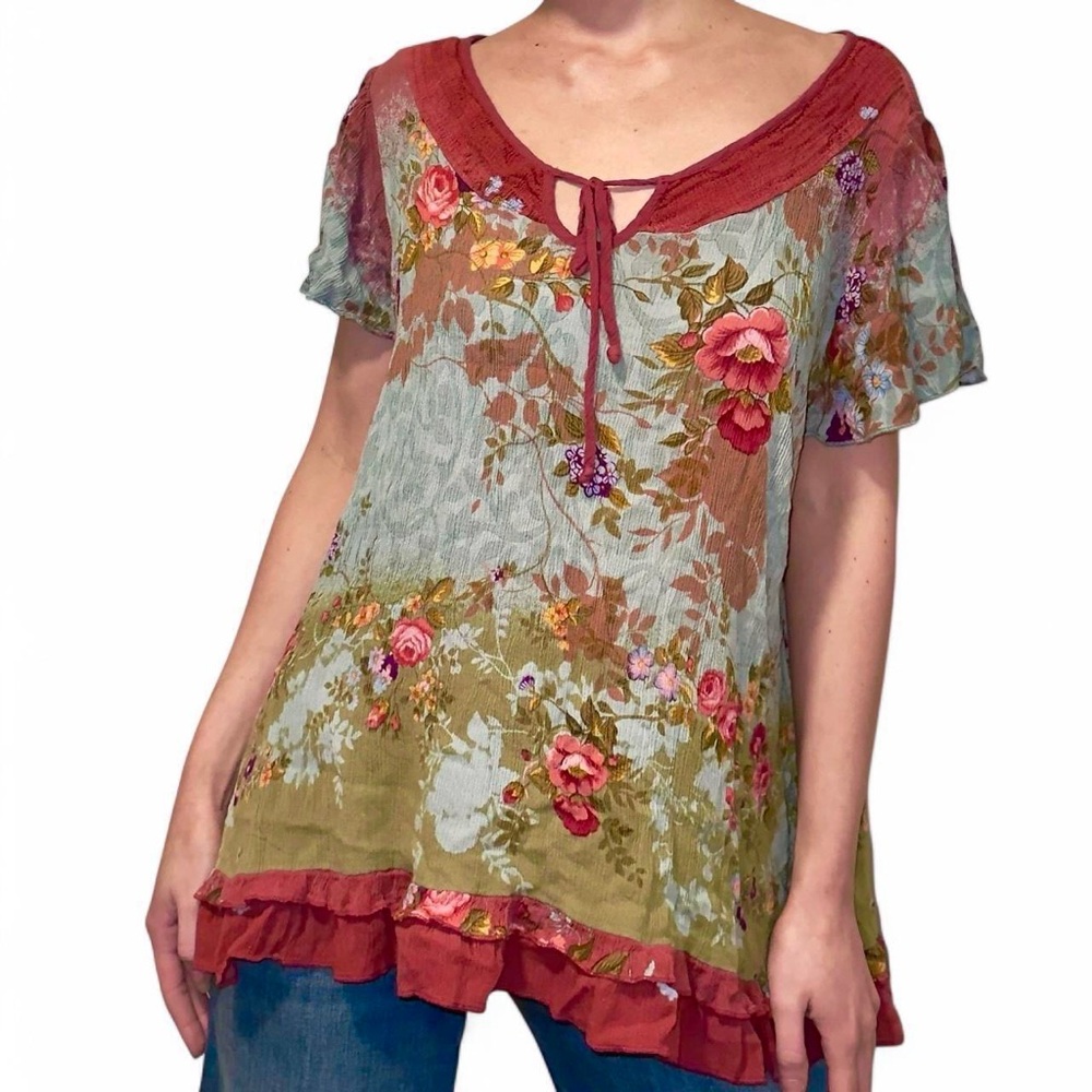 Boho floral blouse with ruffle hem and tie neckline